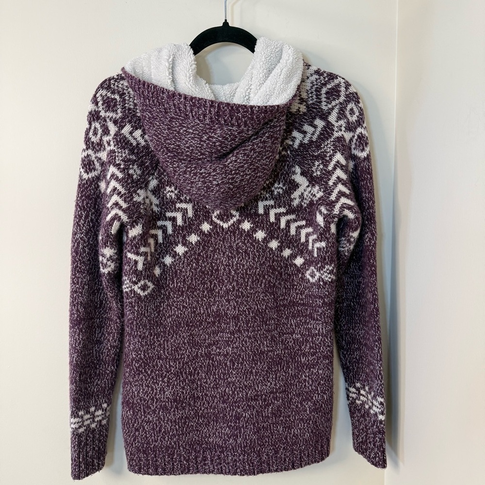 Kismet Purple Wool Zip-Up Hoodie Sweater Cardigan Nordic Pattern Fuzzy Hood - Picture 3 of 10
